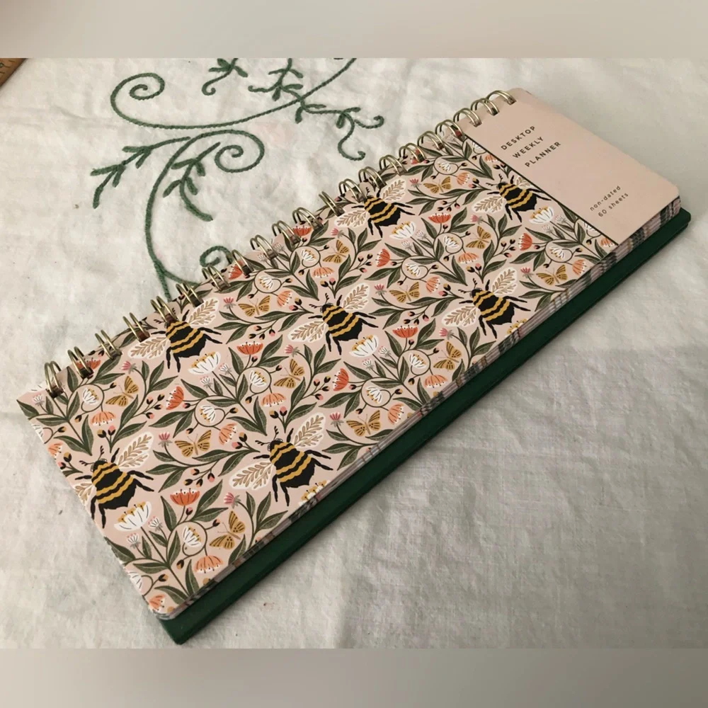 Juliana Tipton x Fringe weekly desktop planner featuring a bee and botanical pat